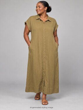 Faherty Tan Linen Lyocell Blend Cap Sleeve Long Shirt Maxi Dress Large Coastal